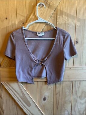 Ribbed Mauve Crop Top with Heart Ring Front Size M Summer Beach Y2K Hippie 90s